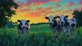 Three Holstein Cows Grazing in a Field at Sunset Royalty Free Stock Photo