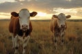 Cows grazing in a field at sunset Royalty Free Stock Photo