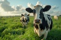 Cows grazing in field. Two young cows graze in meadow on bright sunny day Royalty Free Stock Photo