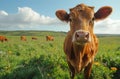 Cows grazing in field. Young calf is looking at the camera in green pasture Royalty Free Stock Photo