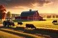 Cows Grazing in a Golden Hour-Lit Pasture, Traditional Red Barn in the Background, a Tractor Plowing