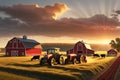 Cows Grazing in a Golden Hour-Lit Pasture, Traditional Red Barn in the Background, a Tractor Plowing