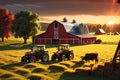 Cows Grazing in a Golden Hour-Lit Pasture, Traditional Red Barn in the Background, a Tractor Plowing