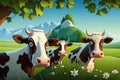 Cows grazing on a green summer meadow. Cows graze on field. Cow farm. Generative AI. Royalty Free Stock Photo
