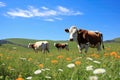Cows Grazing In Lush Green Pasture With Wildflowers. Generative AI