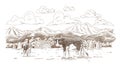 Cows grazing on meadow. Hand drawn farm land with barn vector illustration. Rural landscape, village vintage sketch Royalty Free Stock Photo