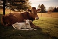 Cows grazing in a pastoral landscape, cuddling with calves, conveying a sense of contentment. Generative AI Royalty Free Stock Photo