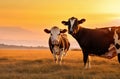 Cows Grazing in the Serene Sunset: Picturesque Rural Landscape. Royalty Free Stock Photo