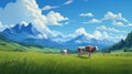 Ghibli-style Anime Art Two Cows In Lush Grassland Landscape