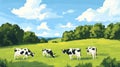 Four Holstein Friesian Cows Grazing on a Lush Green Pasture, Blue Sky with Clouds Royalty Free Stock Photo