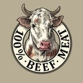 Cows head. 100 percent beef meat lettering. Vintage vector engraving Royalty Free Stock Photo