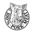 Cows head. 100 percent pork meat lettering. Vintage vector engraving Royalty Free Stock Photo