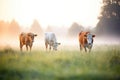 cows in a misty meadow with soft morning light Royalty Free Stock Photo