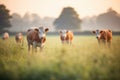 cows in a misty meadow with soft morning light Royalty Free Stock Photo