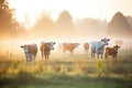 cows in a misty meadow with soft morning light Royalty Free Stock Photo