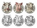 Cows, pig, sheep head. 100 percent beef pork lamb meat lettering.