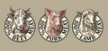 Cows, pig, sheep head. 100 percent beef pork lamb meat lettering. Vintage engraving