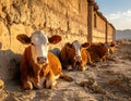 Cows resting by a mud wall in warm sunlight Royalty Free Stock Photo
