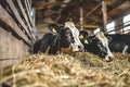 Cows in a stable eating hay. Dairy cows in a farm. Royalty Free Stock Photo