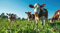 cows stand among green grass in a meadow on a sunny day with a clear blue sky. Concept of farmer, livestock farming and natural