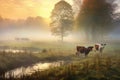 cows tail swishing in a misty morning meadow Royalty Free Stock Photo