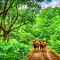 Cows walking on dirt road in tropical forest. Panoramic view. generative AI