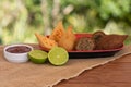 Coxinha and Kibe. Traditional fried brazilian food. Background with defocused green. Space copy