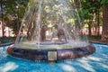 Coyoacan, Mexico City, Mexico-20 April, 2018: Drinking coyotes statue and fountain in Hidalgo Square in Coyoacan Royalty Free Stock Photo