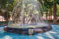 Coyoacan, Mexico City, Mexico-20 April, 2018: Drinking coyotes statue and fountain in Hidalgo Square in Coyoacan Royalty Free Stock Photo