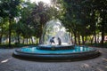 Coyoacan, Mexico City, Mexico-20 April, 2018: Drinking coyotes statue and fountain in Hidalgo Square in Coyoacan Royalty Free Stock Photo