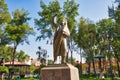 Coyoacan, Mexico City, Mexico-20 April, 2018: Miguel Hidalgo Statue in front of Parish of San Juan Bautista on Hidalgo square in Royalty Free Stock Photo