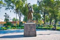 Coyoacan, Mexico City, Mexico-20 April, 2018: Miguel Hidalgo Statue in front of Parish of San Juan Bautista on Hidalgo square in Royalty Free Stock Photo