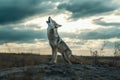 Coyote howling at the moon, in an action pose, with a background of an epic landscape and dramatic clouds Royalty Free Stock Photo