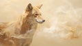 A coyote prowls through swirling smoke, embodying the untamed, carefree spirit of the wilderness