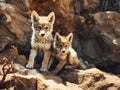 Ai Generated illustration Wildlife Concept of Coyote pups rocks curious pup Royalty Free Stock Photo