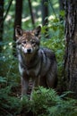 Young Wolf Portrait Standing in Lush Green Forest with Selective Focus Royalty Free Stock Photo