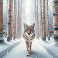 Coyote Wintertime Wilderness Wildlife Snowy Pathway Forest Canada AI Generated