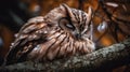 A sleepy owl nestled in a tree branch created with Generative AI