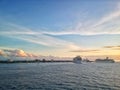 Cozumel, Mexico - December 5, 2019: Cruise ships staying at Cozumel Mexico island port. Beautiful West Caribbean natural landscape