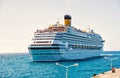 Cruise ship on philipsburg, sint maarten coast. Ocean liner in blue sea on sunny sky. Water transport and vessel. Luxury