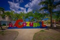 COZUMEL, MEXICO - MARCH 23, 2017: Plaza located in dowtown in the colorful Cozumel. with a colorful informative sign Royalty Free Stock Photo