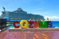 Cozumel, Mexico - May 04, 2018: Royal Carribean cruise ship Oasis of the Seas docked in the Cozumel port during one of Royalty Free Stock Photo