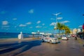 COZUMEL, MEXICO - NOVEMBER 09, 2017: Beautiful outdoor view of tourists enjoying the city of Cozumel, surrounding of Royalty Free Stock Photo