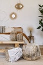 Cozy apartment in boho chic style interior with comfort bedroom Royalty Free Stock Photo