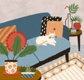 Cozy apartment interior with comfortable sofa, houseplants and flowers in vase. Sleeping cat on comfy couch in hygge Royalty Free Stock Photo