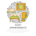 Cozy appartments hand draw cartoon vector icon concept. Bed, towel and food attributes about hotel and resorts in circle