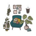 Cozy armchair with pillows and houseplants near window. Hand drawn doodle concept illustration. Royalty Free Stock Photo