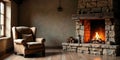 Cozy armchair by a rustic stone fireplace with a warm inviting fire burning. Generative AI Royalty Free Stock Photo