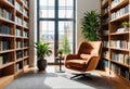 A cozy armchair waiting for a reader in a modern library room- surrounded by bookshelves teeming with books and enhanced