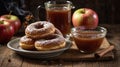 Cozy Autumn Still Life with Apple Cider, Doughnuts, and Cinnamon on Rustic Wood Royalty Free Stock Photo